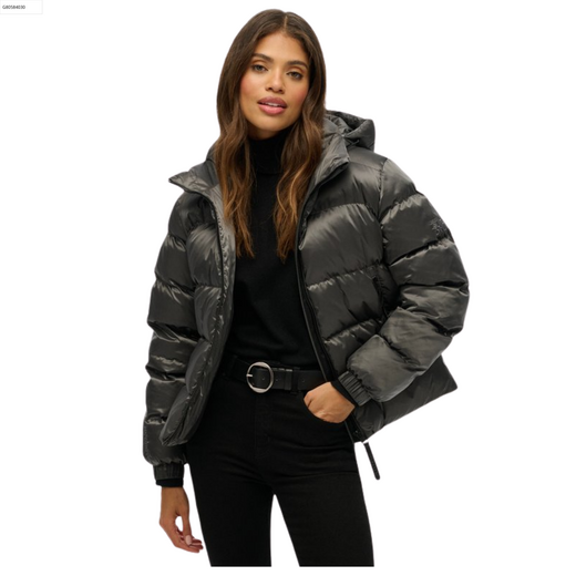 Superdry Dames Jas Hooded  Luxe Puffer Black Sheen - afb. 2